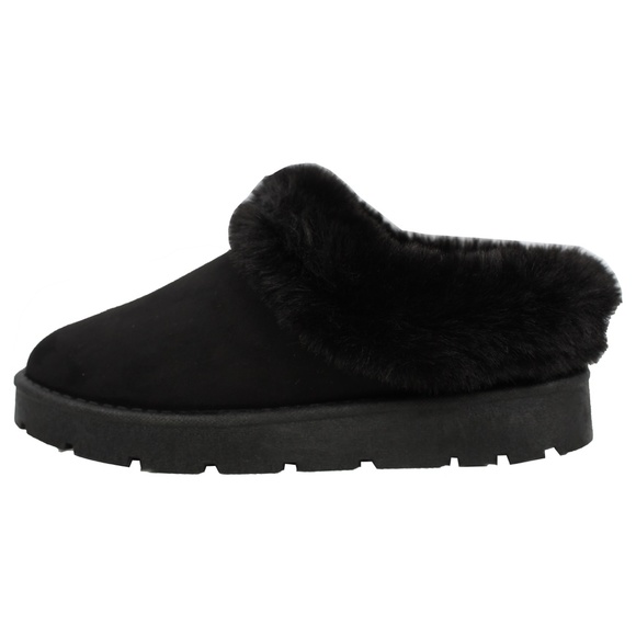 Black Faux Suede Fur Collar Slip On Mules - Picture 2 of 6